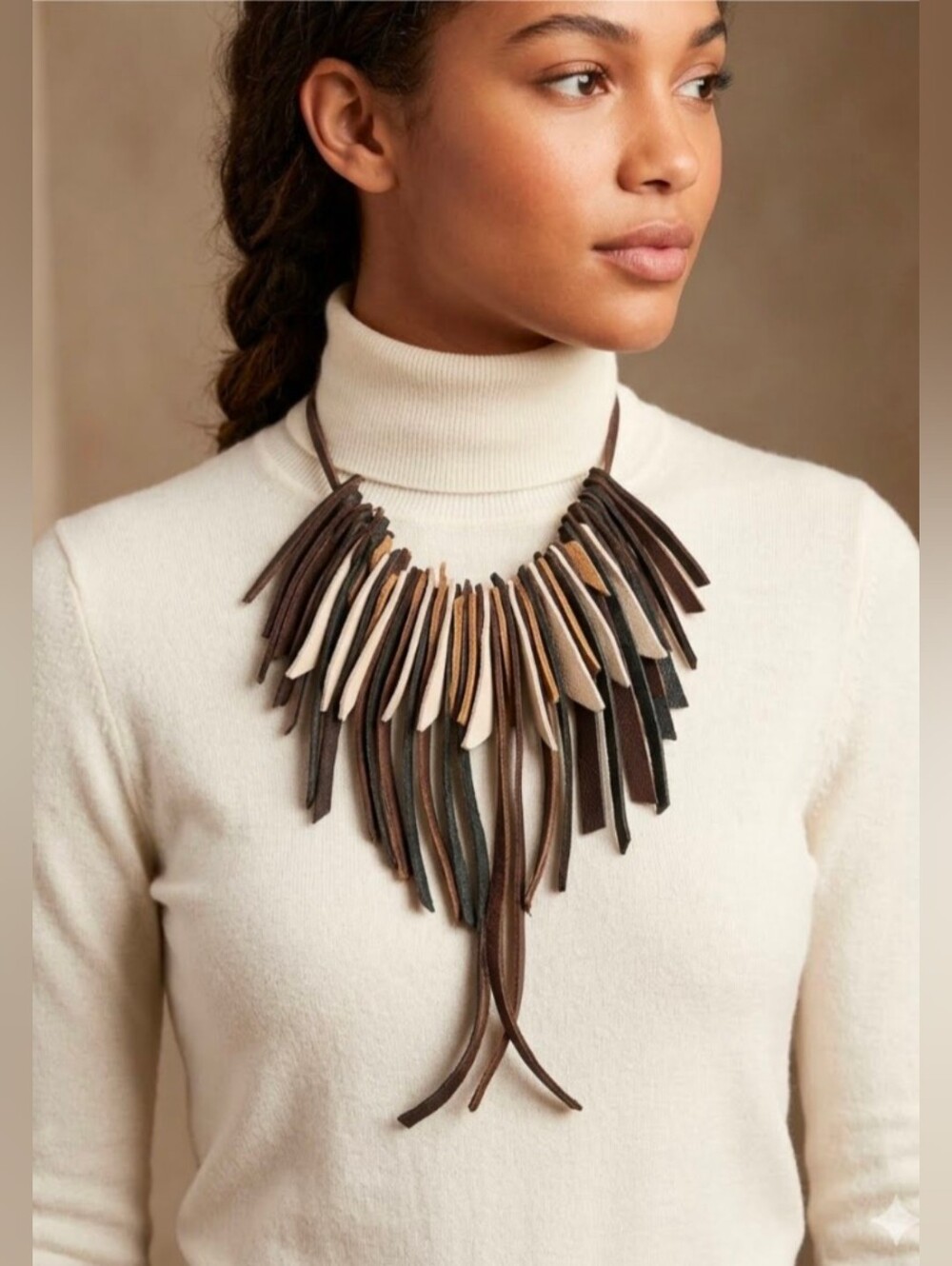 Boho Handmade Genuine Leather FRINGE Statement Necklace-Brown Tan 014
